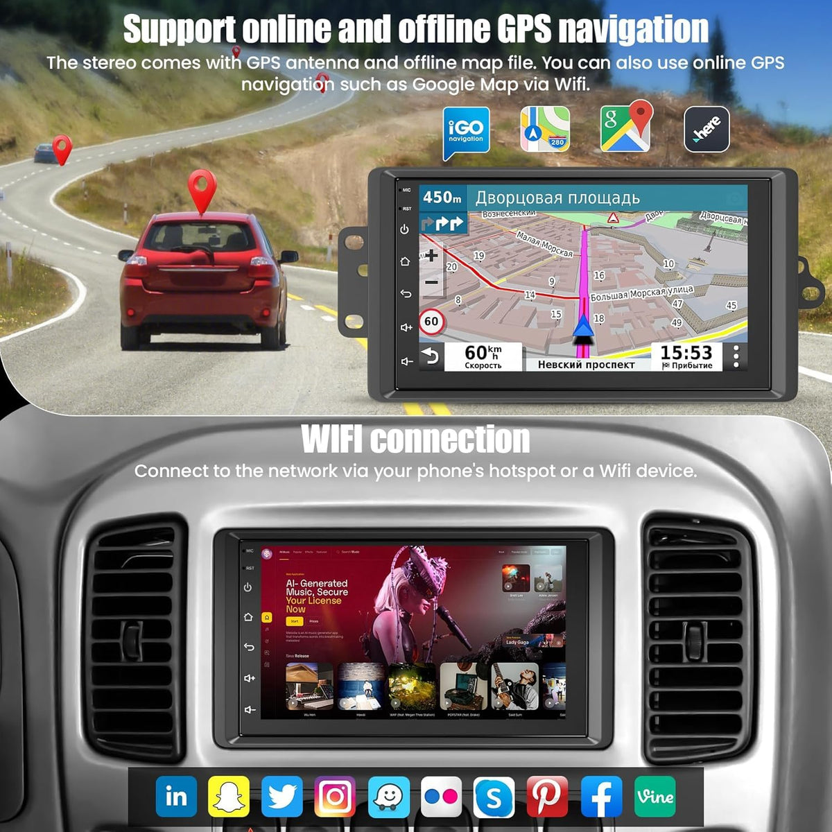 Electrosmart 4G64G offline and online GPS guides with 11M+ POIs.