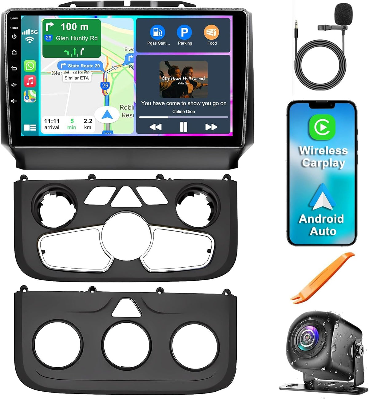 ElectroSmart 8-core radio on Dodge RAM dashboard with CarPlay ready.