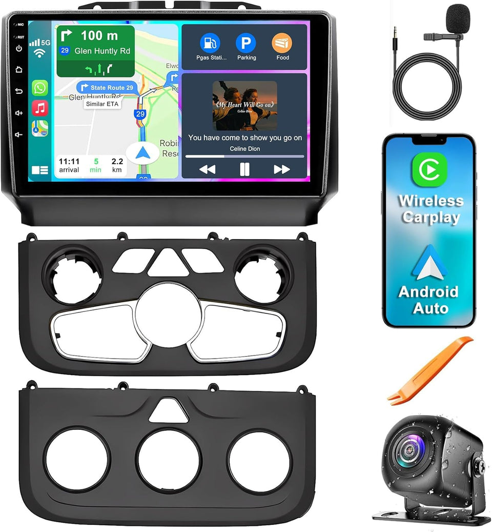 ElectroSmart 8-core radio on Dodge RAM dashboard with CarPlay ready.