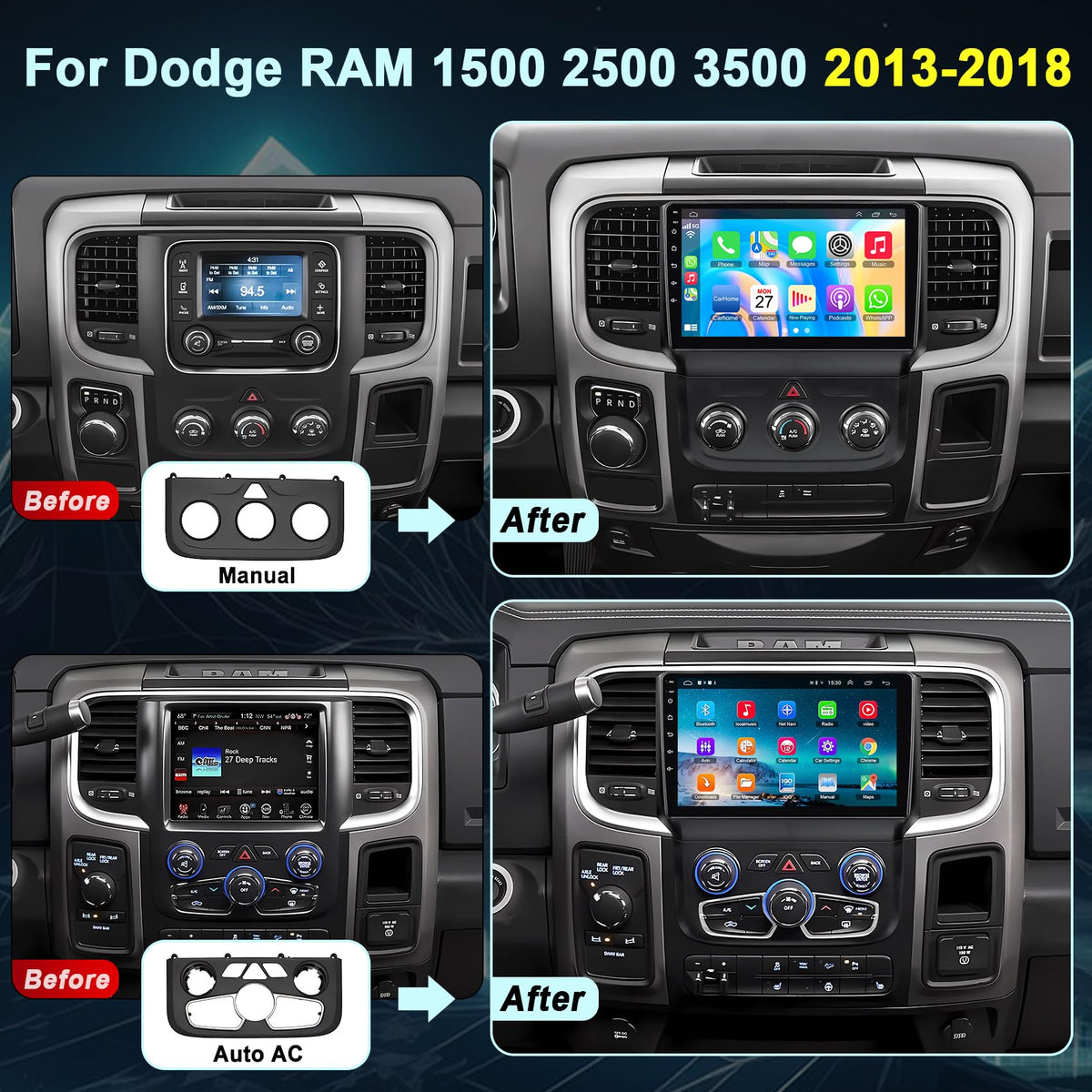 Electrosmart Dodge RAM dashboard installation view for 2013-2018 models.
