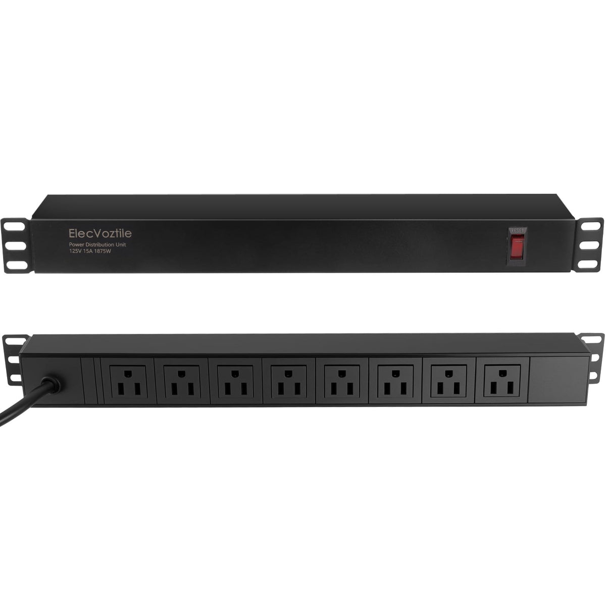 ElecVoztile front panel showing eight outlets and tidy cable benefit