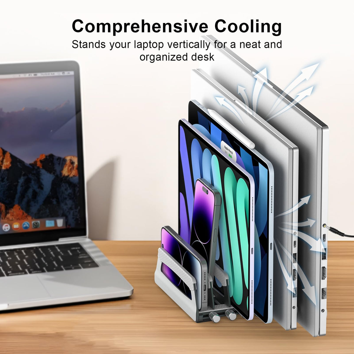 Elestoria lifestyle home office scene showing neat multi-device organization benefit