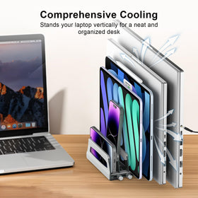 Elestoria lifestyle home office scene showing neat multi-device organization benefit