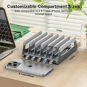 Elestoria six-slot rack holding mixed laptops and tablets for high-density storage