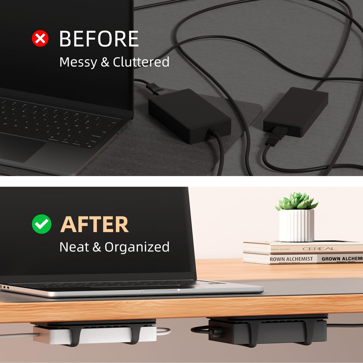 ELETIUO space-saving mount reduces desk clutter and frees work area.