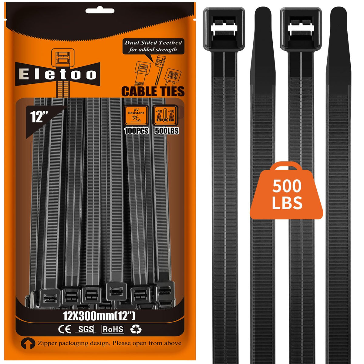 Eletoo 12-inch black zip ties securing outdoor cables with industrial strength