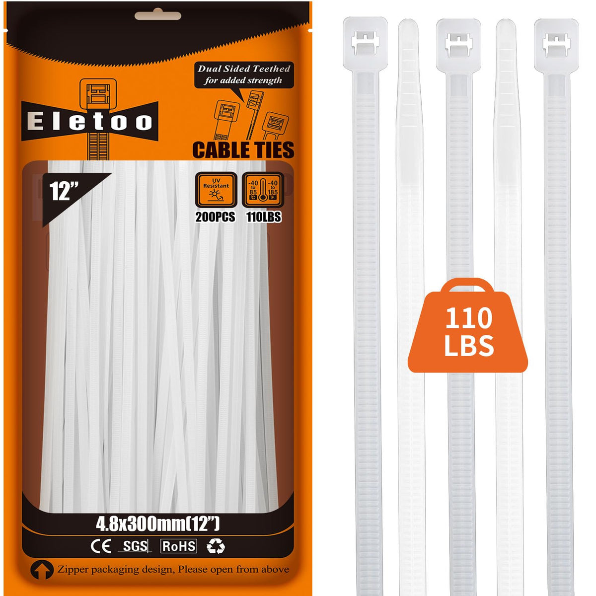 Eletoo 12-inch white zip ties pack for versatile organizing in everyday use.