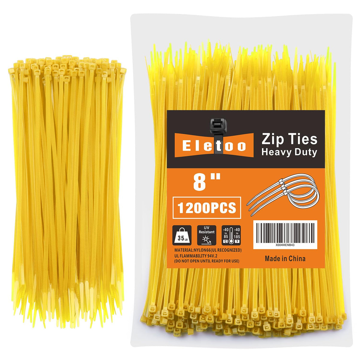 Eletoo 8-inch yellow zip tie pack organizing cables efficiently
