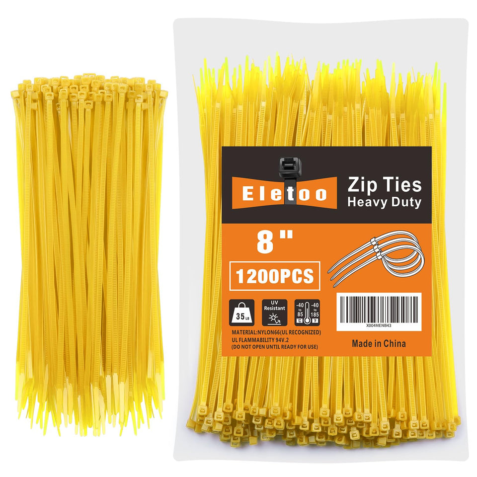 Eletoo 8-inch yellow zip tie pack organizing cables efficiently