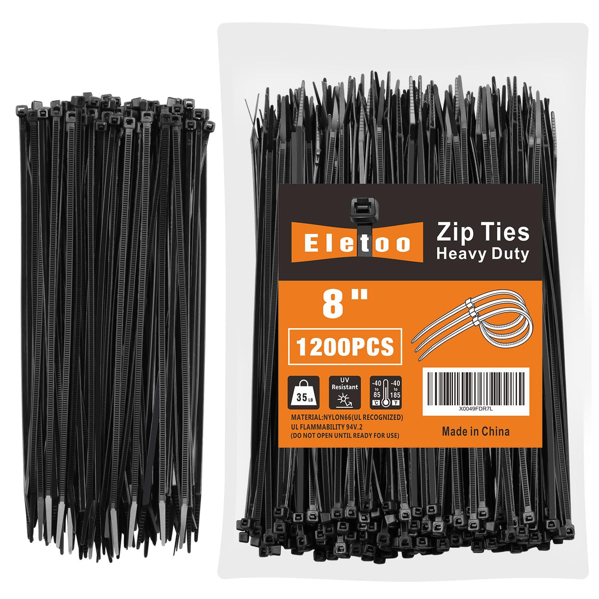 Eletoo 8-inch zip ties packaging for bulk organization projects.