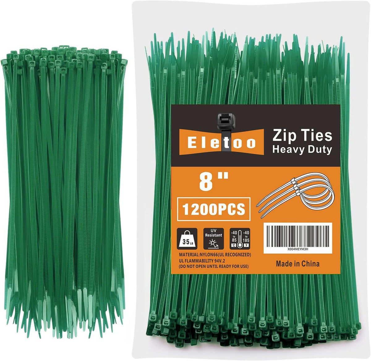 Eletoo 8-inch garden green zip ties close-up with self-locking mechanism for secure bundling.