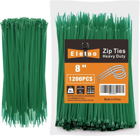 Eletoo 8-inch garden green zip ties close-up with self-locking mechanism for secure bundling.