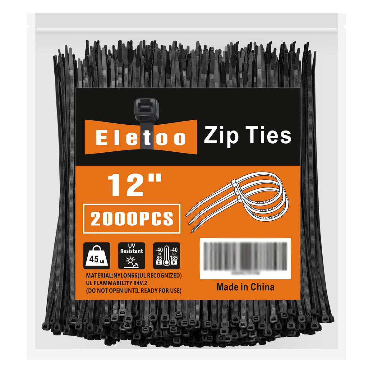 Eletoo front packaging showing 12-inch black zip ties and quantity benefit
