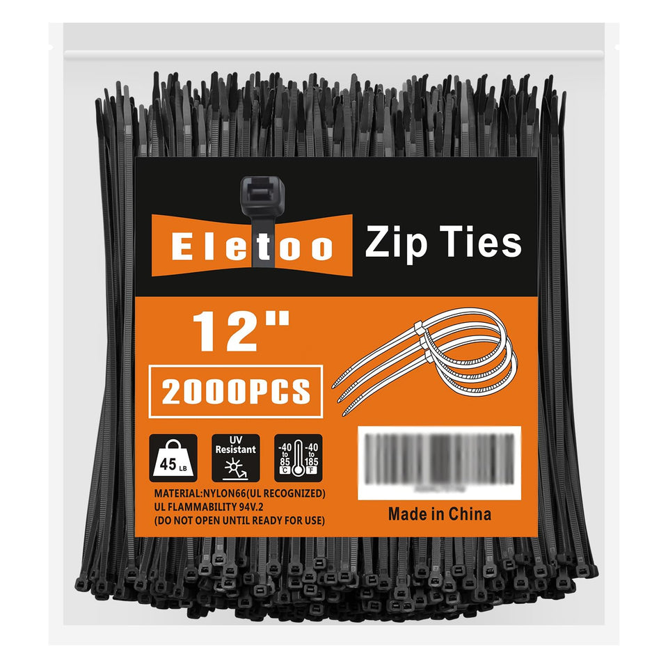 Eletoo front packaging showing 12-inch black zip ties and quantity benefit