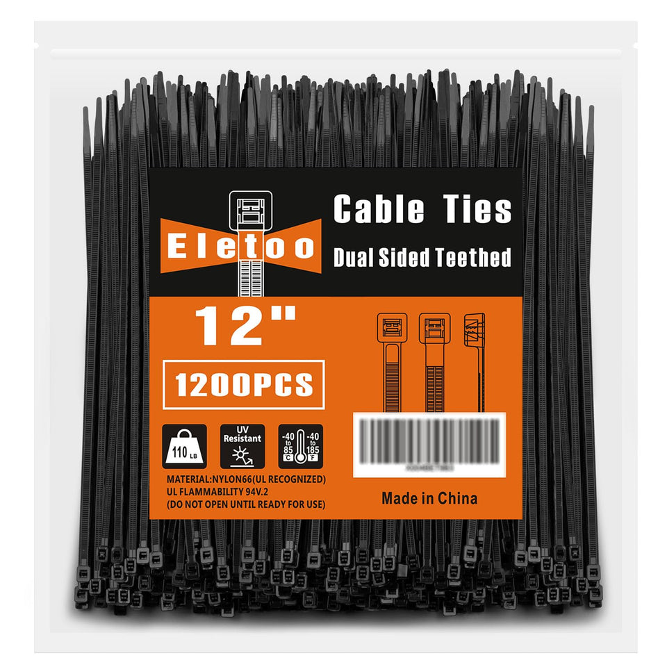 Eletoo front packaging with 1200 black zip ties showing count and benefits