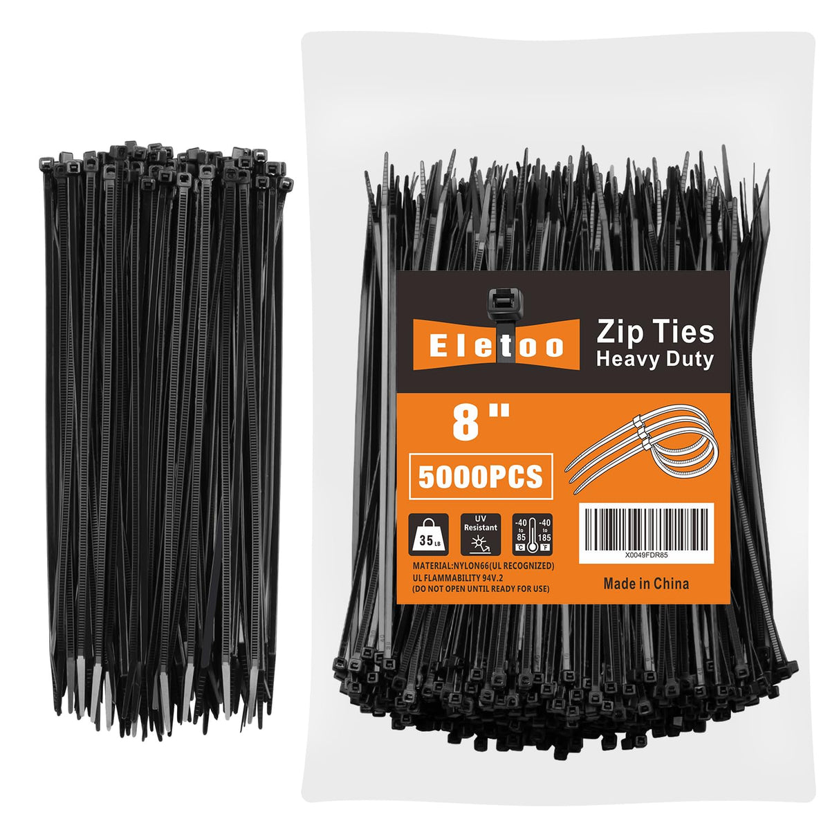 Eletoo front packaging of 5000 black zip ties showing quantity and size for cost savings