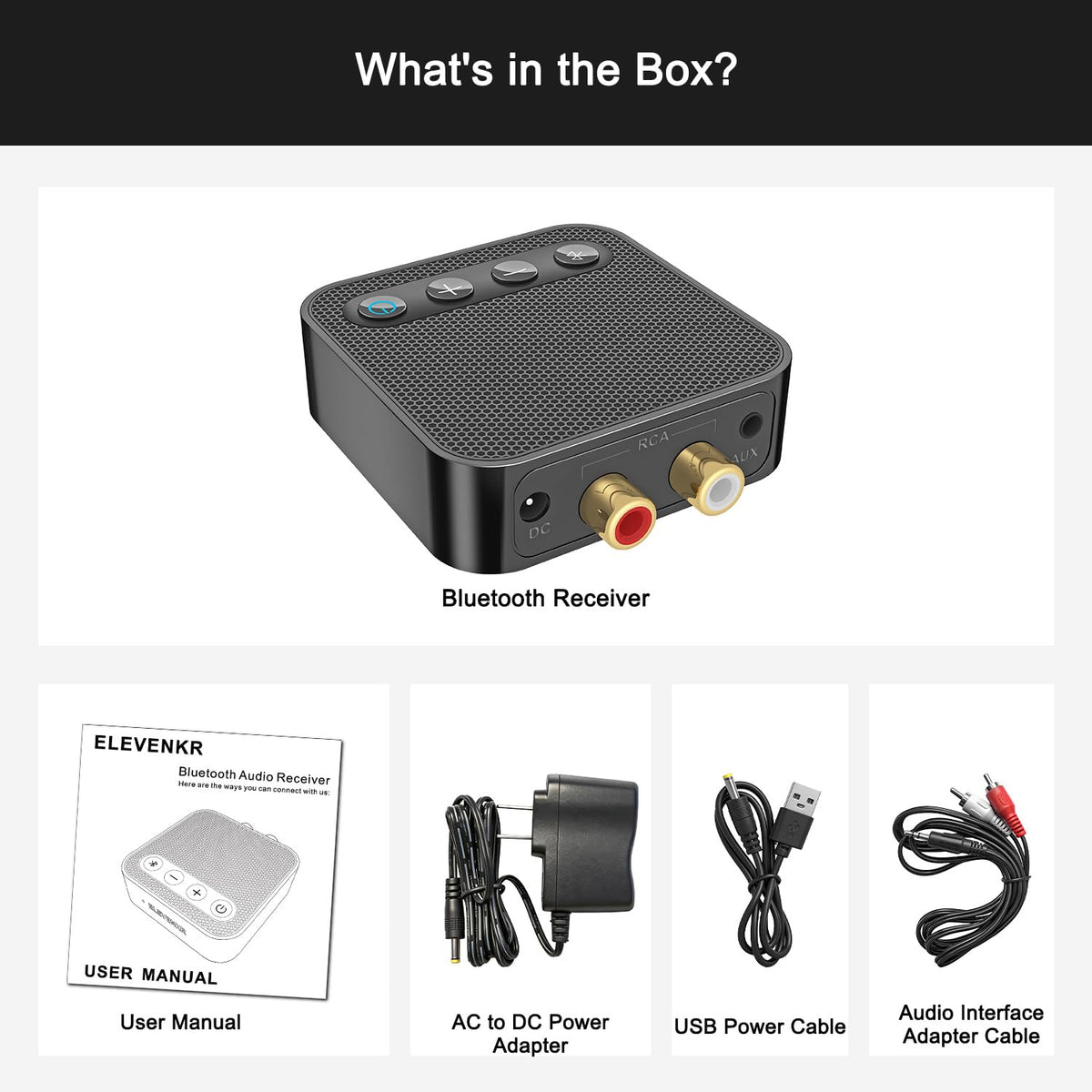 Power adapter included with ELEVENKR AptX HD Bluetooth receiver for ready-to-use setup