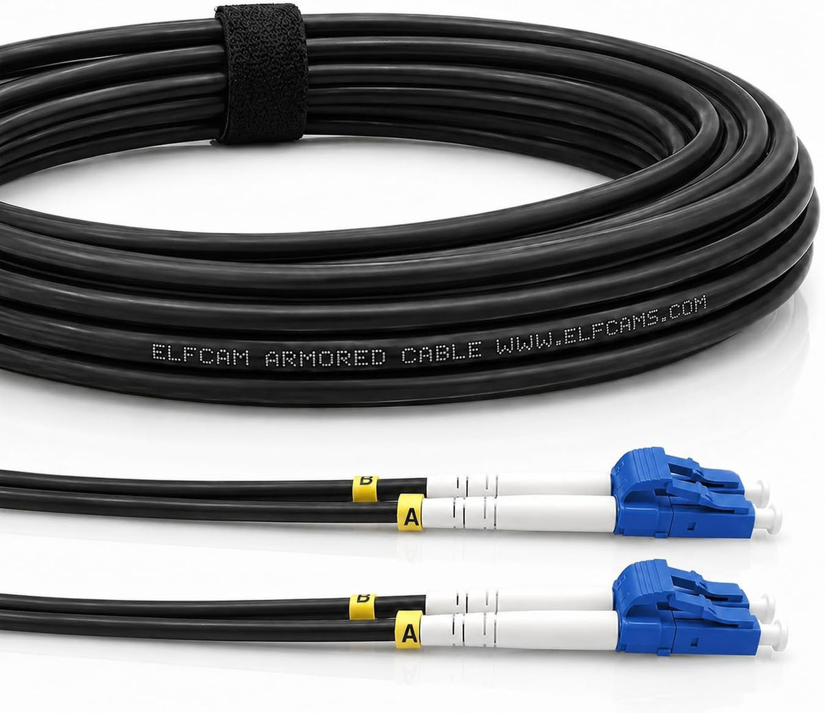 Elfcam 300m armored fiber cable exterior shows rugged outdoor protection for harsh environments.