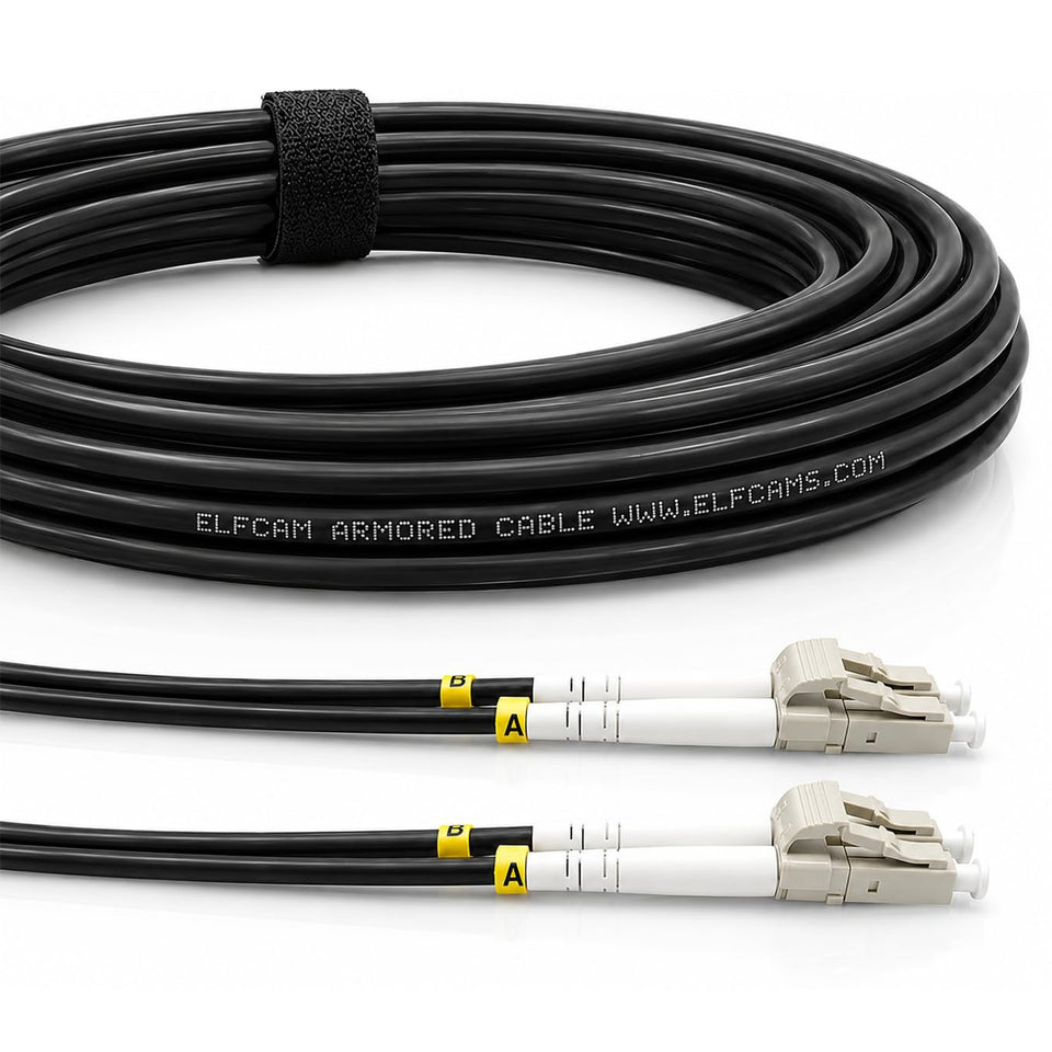 Elfcam front view showing LC/UPC connectors and durable armored cable for dependable connections