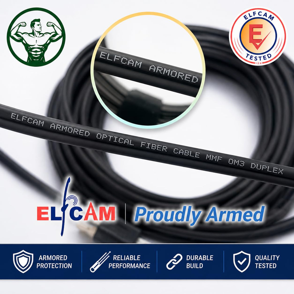 Elfcam cable installed outdoors in tray displaying robust protection during field deployment