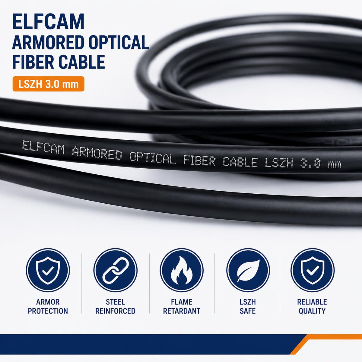 Elfcam shielded steel tape core visible in armor layer for durable installation.