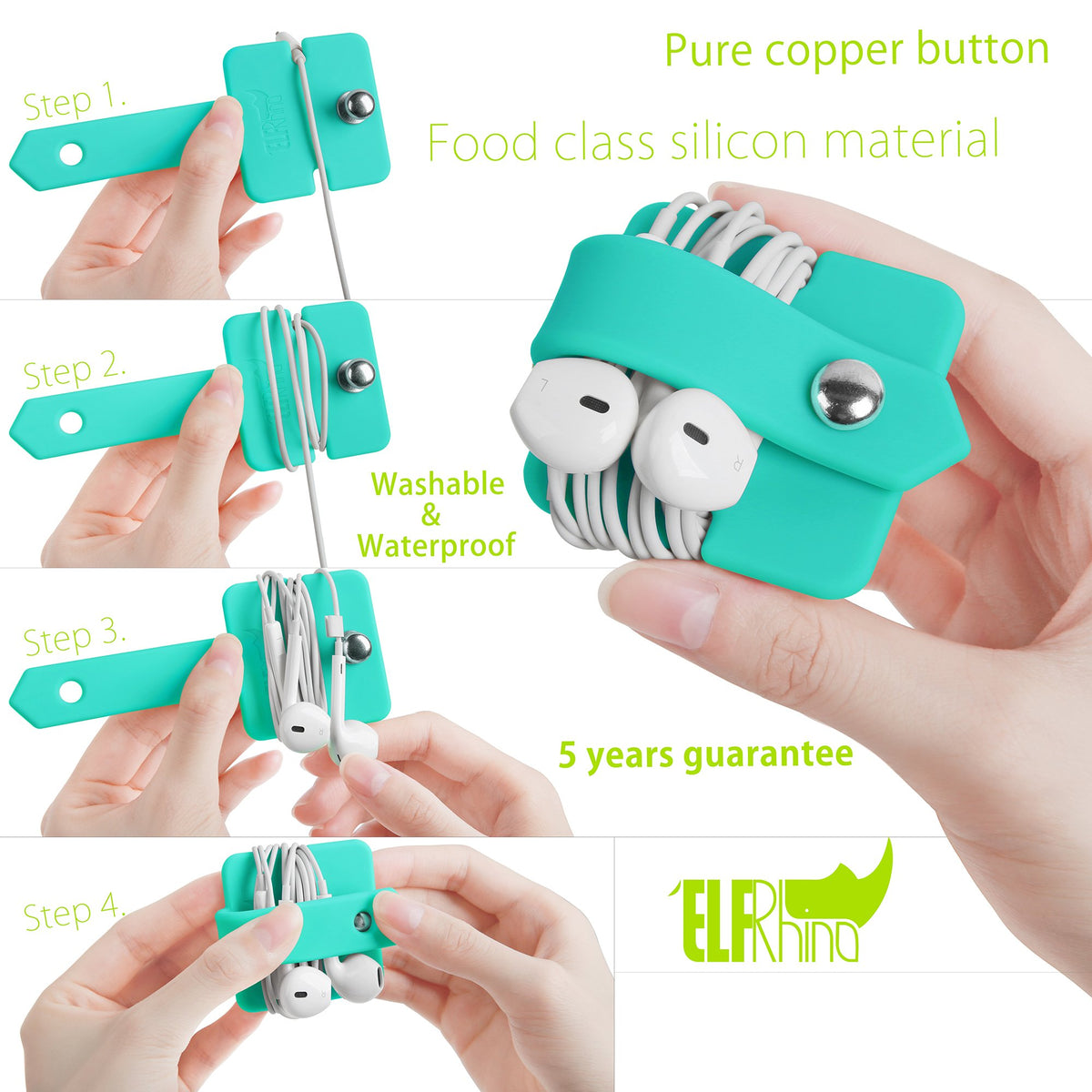 ELFRhino earphone organizer closeup shows durable silicone design for long-lasting use.