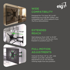 ELG full motion wall mount uses heavy-duty carbon steel for sturdy support.
