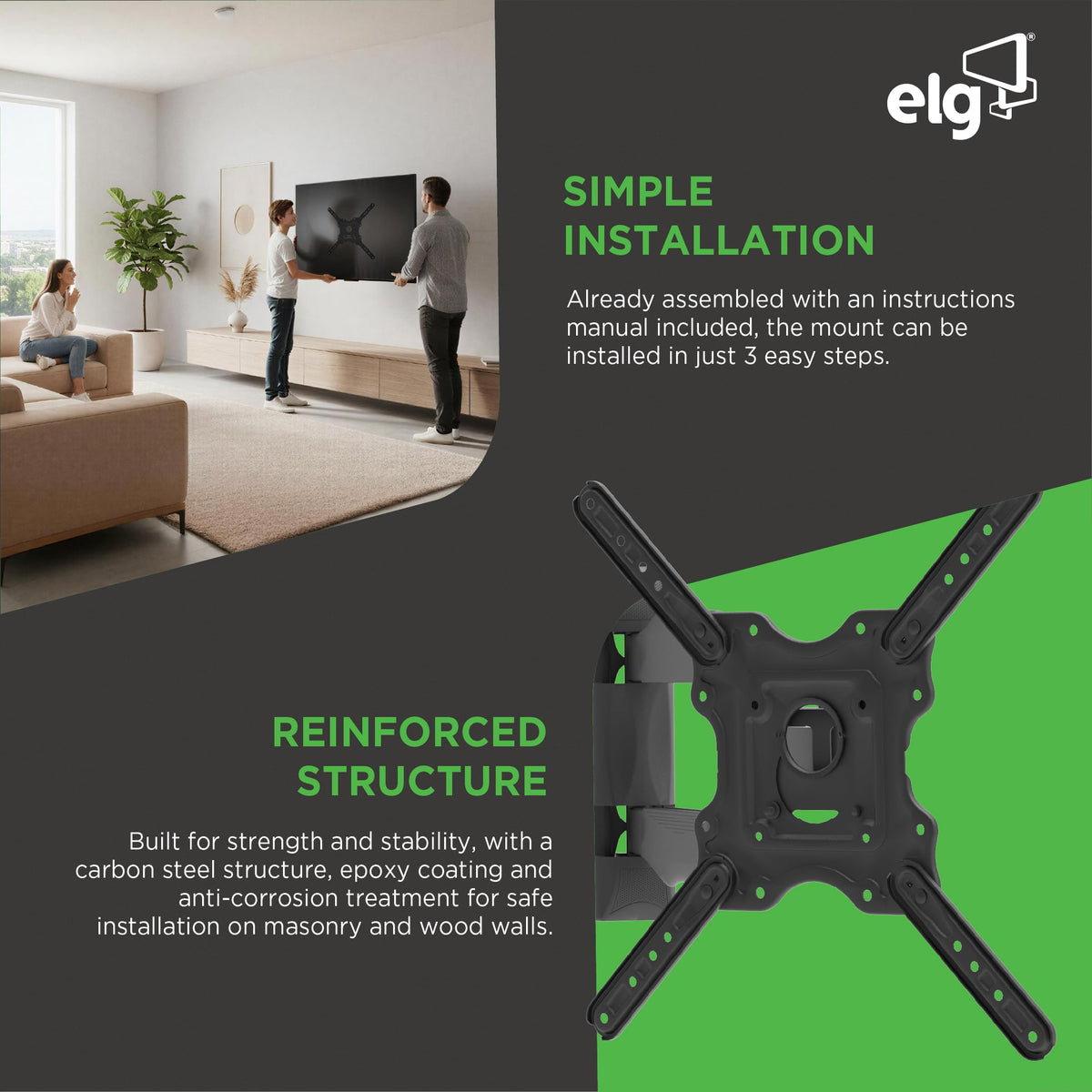 ELG full motion wall mount swivel view enabling room-wide screen sharing