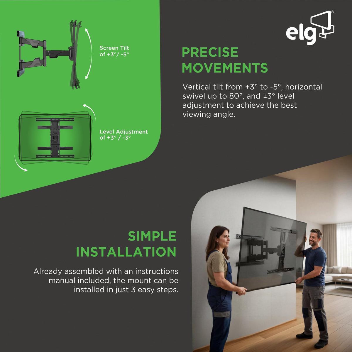 ELG heavy-duty steel design supports large TVs with stable, dependable performance.