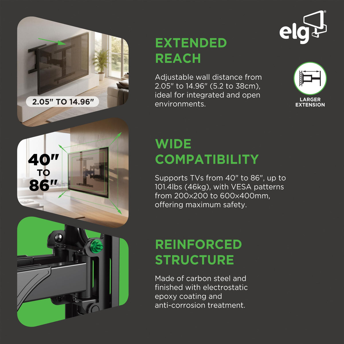 ELG install kit facilitates quick, secure mounting on compatible walls and studs.
