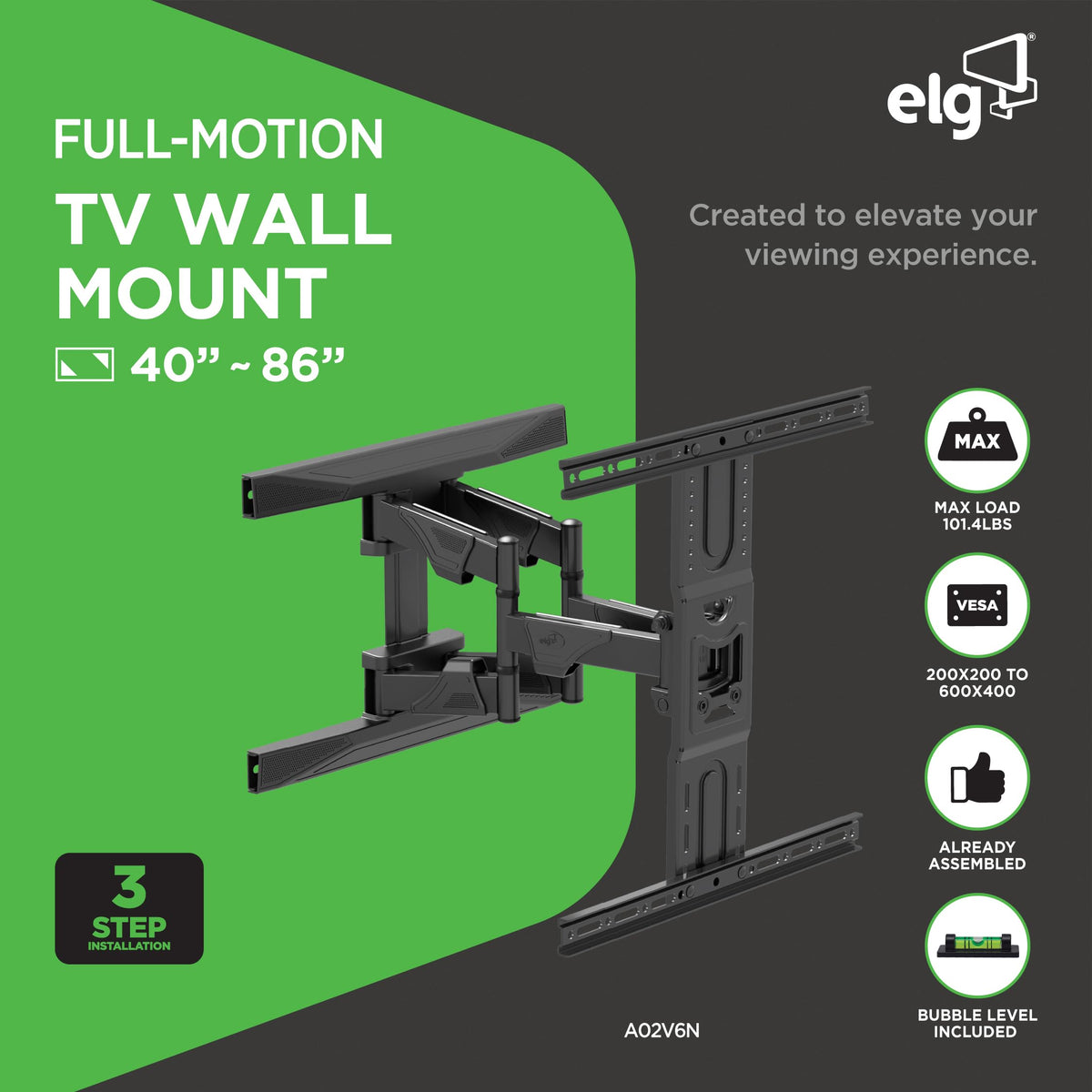ELG full-motion mount showing tilt and swivel range for versatile viewing from multiple seats.