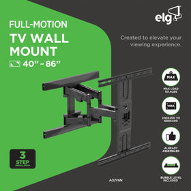 ELG full-motion mount showing tilt and swivel range for versatile viewing from multiple seats.