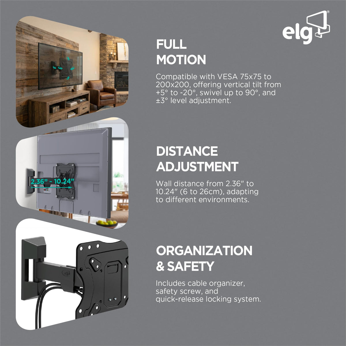 ELG wall mount with VESA 200x200 supports secure attachment