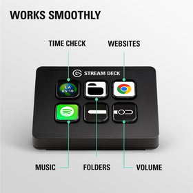 Elgato on desk with laptop during presentation to speed slide navigation