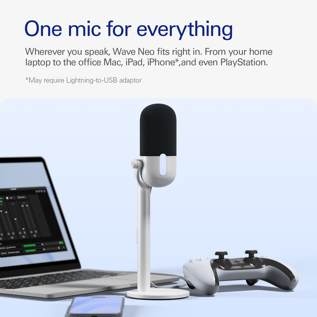 Elgato Wave Neo headphone monitoring enables zero-latency listening.
