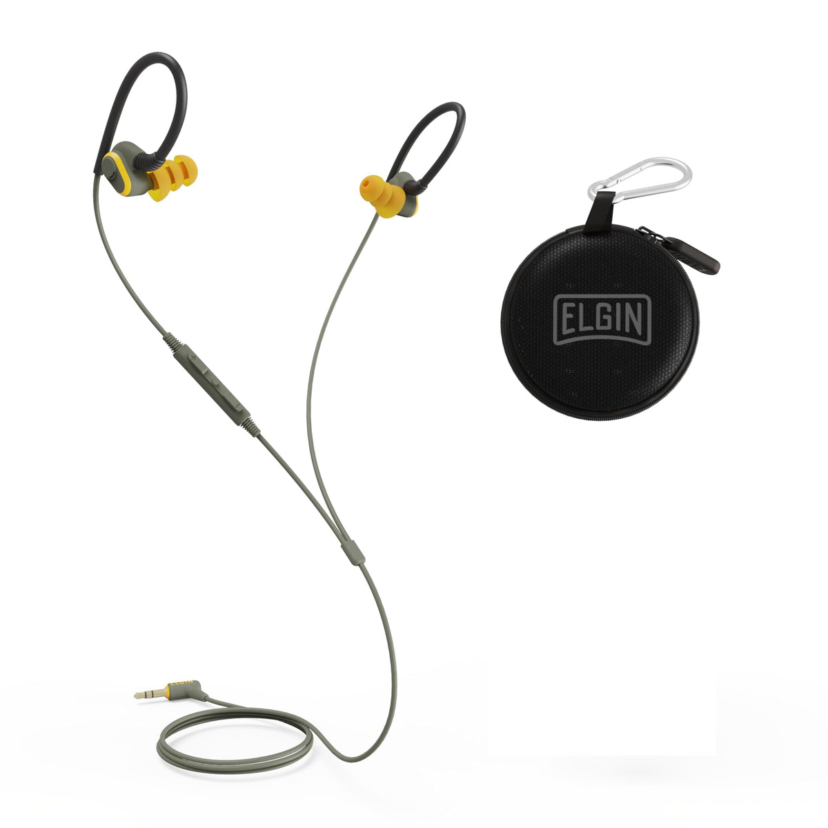 Elgin front packaging showing earbuds and key certifications for safety