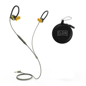 Elgin front packaging showing earbuds and key certifications for safety