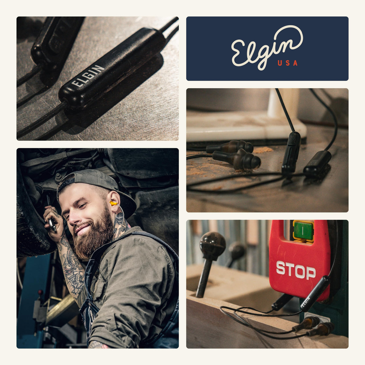 Elgin Ruckus earbuds with water droplets showing IP65 sweatproof and dust resistance