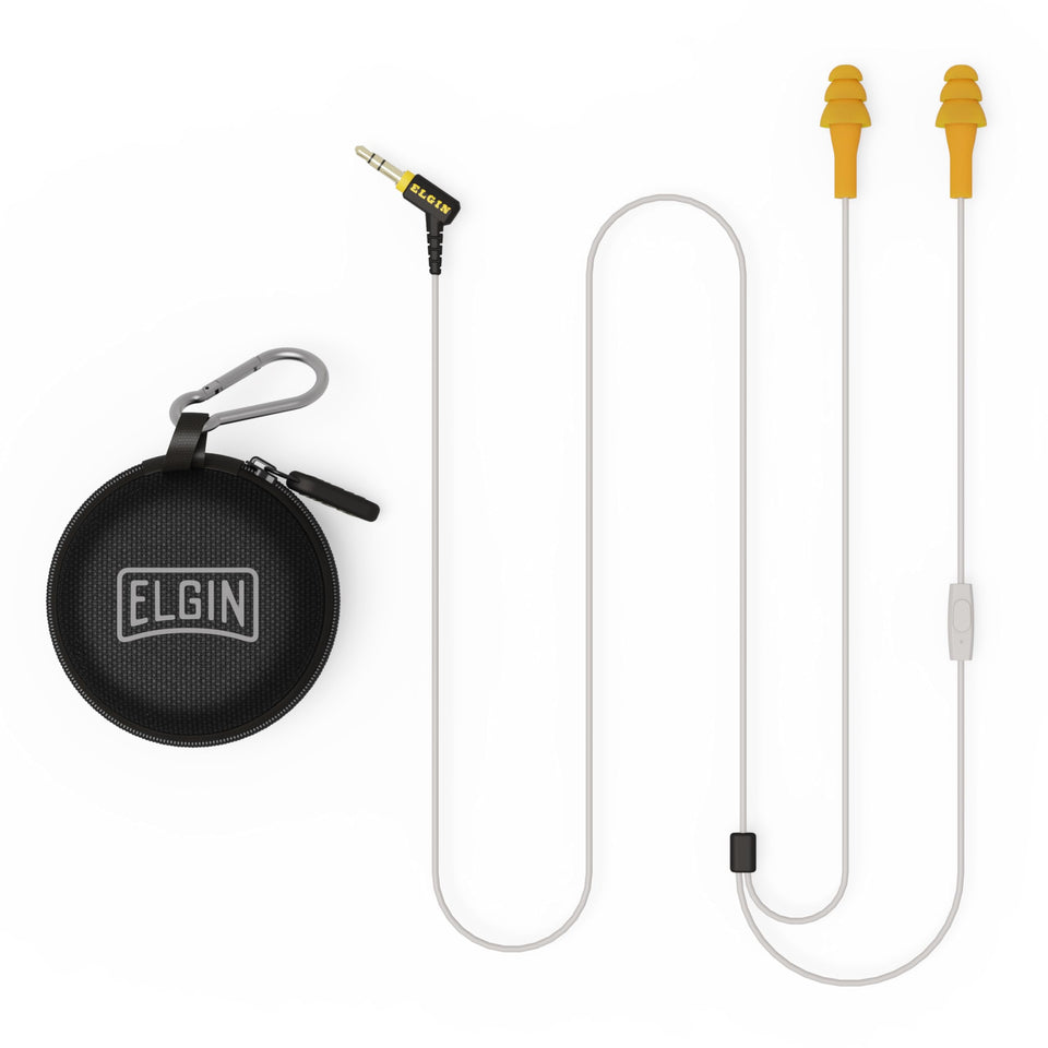 Elgin Ruckus+ earbuds compact design for portable use.