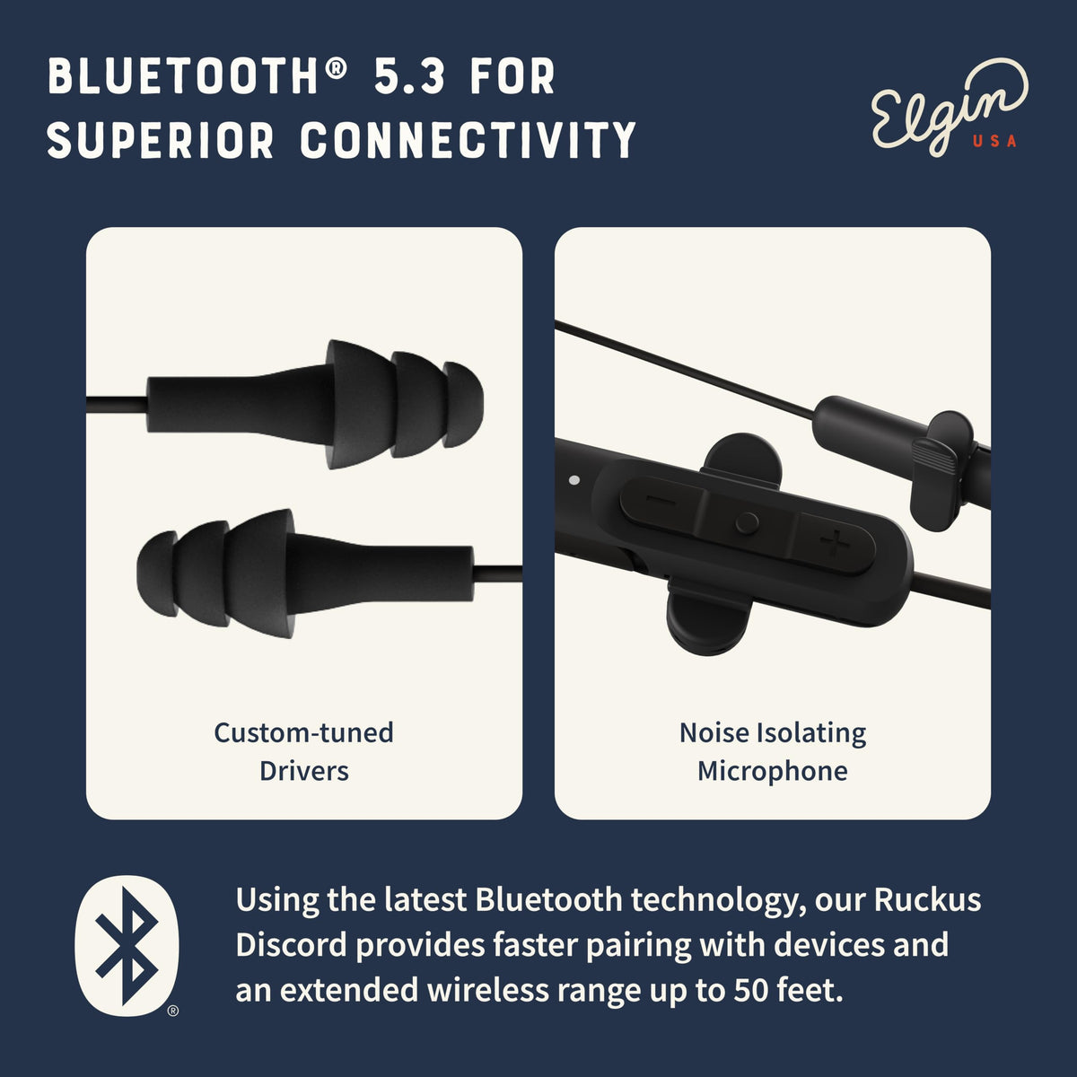 Elgin Ruckus earbuds next to a smartphone showing compact size and easy portability