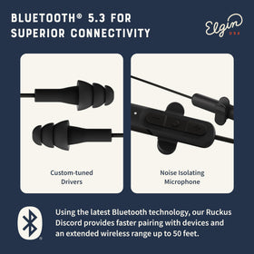 Elgin Ruckus earbuds next to a smartphone showing compact size and easy portability