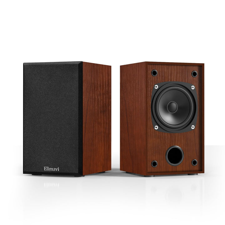 Elimavi front view bookshelf speaker showing clean grill and wood finish benefit aesthetic appeal