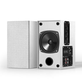 Elimavi front view of white powered bookshelf speakers showing sleek cabinets and clean aesthetic benefit room decor