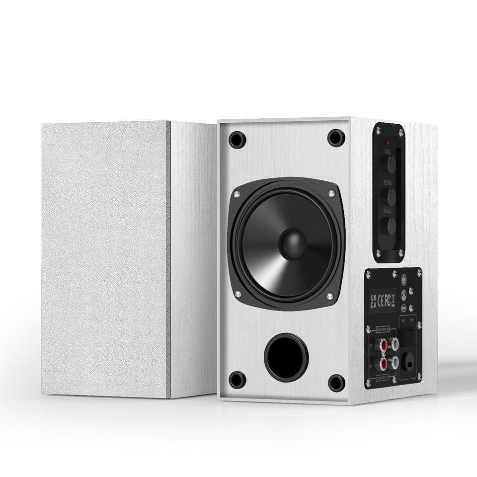 Elimavi front view of white powered bookshelf speakers showing sleek cabinets and clean aesthetic benefit room decor