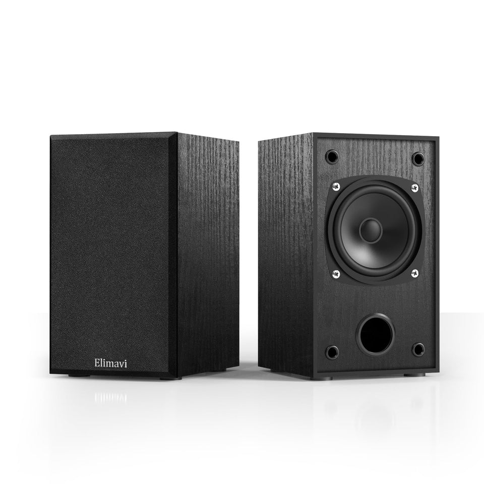 Elimavi front view wood-grain speaker showing elegant finish and accurate sound