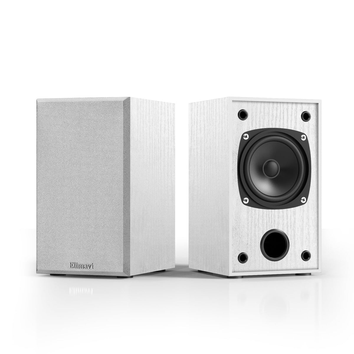 Elimavi front view wood grain speaker showing compact design and elegant finish
