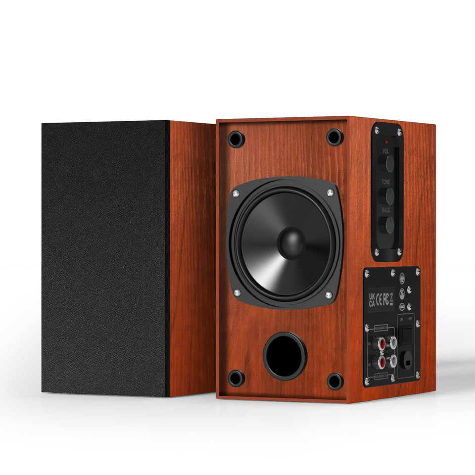 Elimavi front view wood-grain speakers showing classic design and clear sound