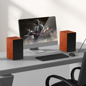 Elimavi speakers on desk beside turntable delivering richer vinyl playback