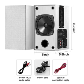 Elimavi product box with included 3.5mm-RCA and speaker interconnect cables for quick setup