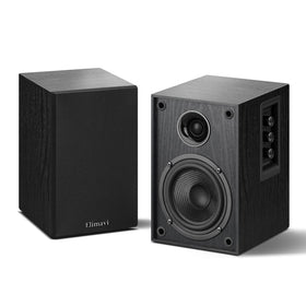 Elimavi powered Bluetooth 5.3 speakers front view showing compact desk setup and sound presence